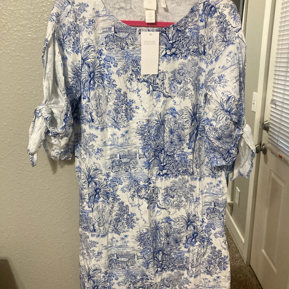 H&M linen toile inspired print mini dress with tied sleeve detail